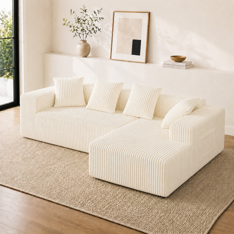 3 Seater Corduroy Sofa & Chaise, Beige, Right Hand Facing