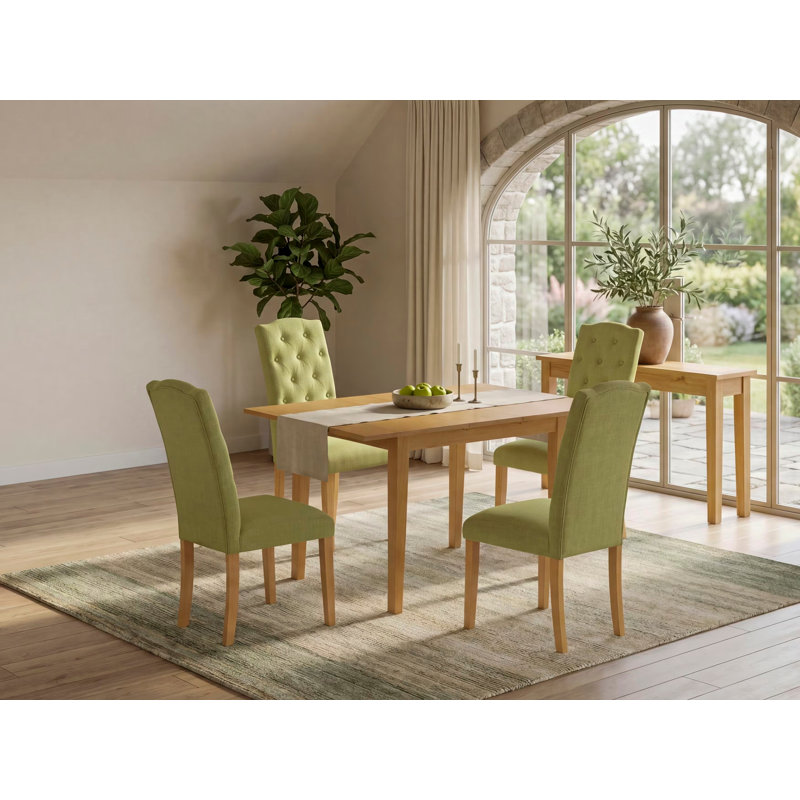 5 Piece Dining Table Set Includes a Rectangle Kitchen Table with Butterfly Leaf and 4 Limelight Linen Fabric Parson Dining Chairs, Oak