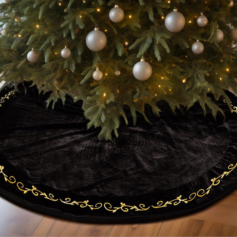 Jupe de sapin de Noël en velours noir, cache-pied de sapin classique et élégant, décoration festive pour la maison