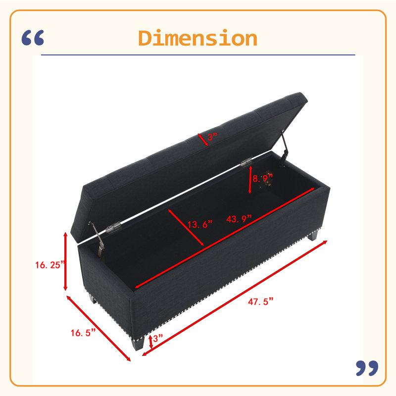 Repose-pieds de rangement 47,5 po, banc de rangement avec charnière de sécurité, repose-pieds capitonné en lin, Noir