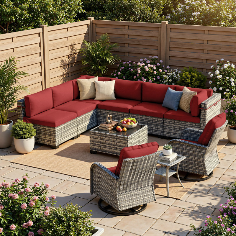 Ensemble de conversation modulaire en osier 10 pièces avec chaises berçantes pivotantes, table basse et table d'appoint, ensemble de conversation pour patio toutes saisons