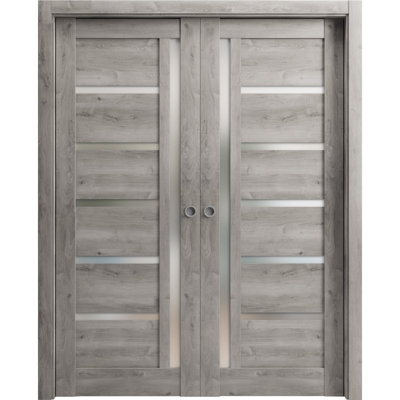 Portes coulissantes françaises doubles à galandage, verre dépoli, kit Quadro 4088 Gris Nebraska, moulures, quincaillerie, bois massif, intérieur de chambre, portes robustes 36 po x 80 po (2 x 18 x 80)