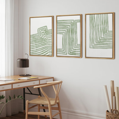 Geometric Line "Soft Sage Green Stripes Linear Artwork, Organic Modern Abstract Minimalist Wall Pictures, Framed Canvas Giclée Print 3 Pieces Wall Art" 16"x24"x3 pcs, 24"x36"x3 pcs