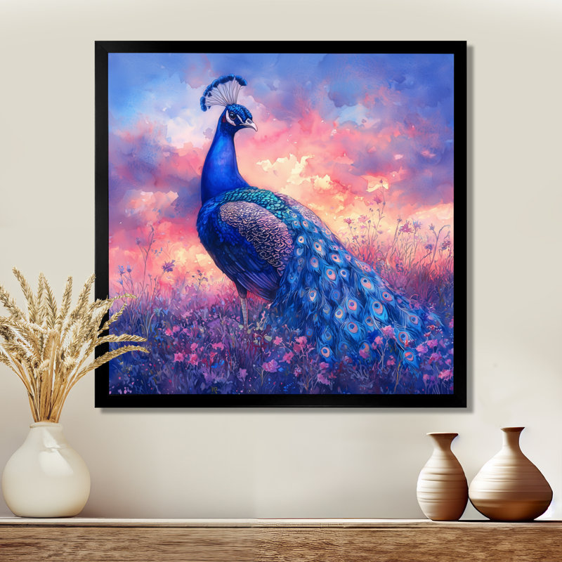 Haralson, paon dans un champ de lavande II - grand oiseau, art mural, H 16 po x l 16 po, Reproduction encadrée