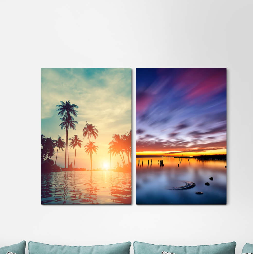 2-tlg. Leinwandbilder-Set - Grafikdruck „Palm Trees Miami Sea Sunset Summer Evening Red Light Vacation”