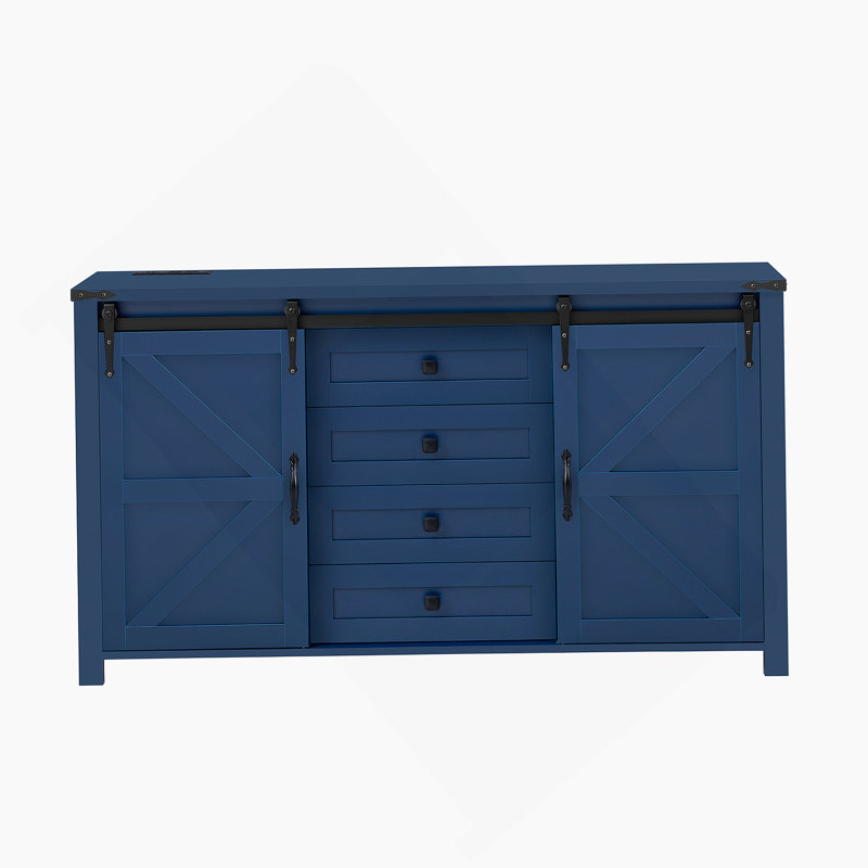 Accent Cabinet With With Power Outlet, Sideboard With Storage Shelf, Storage Cabinet With Sliding Barn Doors And 4 Drawers