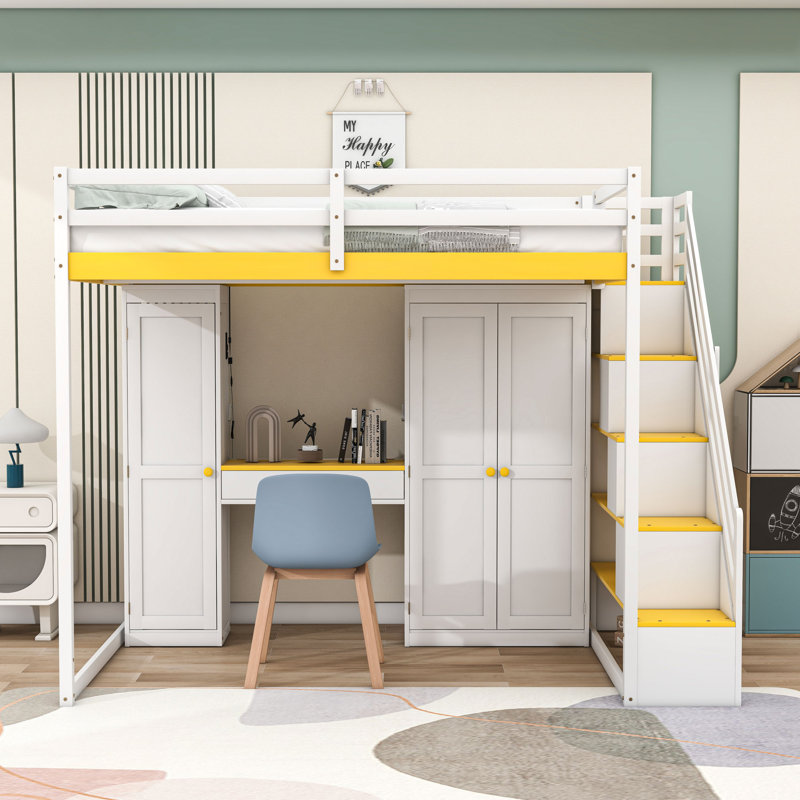 Full Wooden Loft Bed With USB Charging Ports, Wardrobe, Light, Dressing Table And Shelves, White Yellow