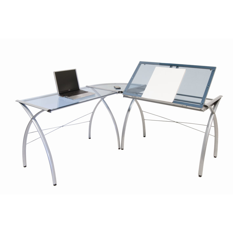 Courson L-Shaped Glass Top Drafting Table, Silver and Blue Glass