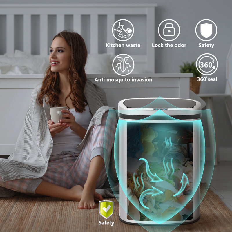 Innovaze 13 Gallon Stainless Steel Touchless Trash Can with Black Lid