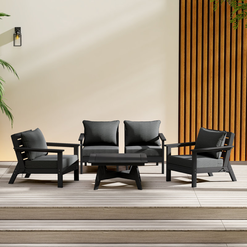 Ensemble de conversation à assise profonde 5 pièces, Noir, noir, noir, noir, Gris