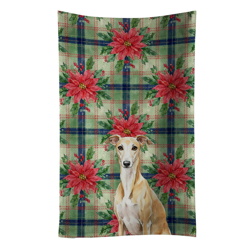 Fawn Whippet Christmas PoinsettIas Kitchen Towel, Fawn Whippet