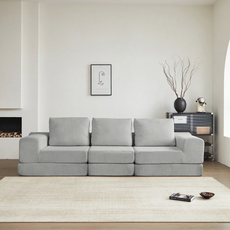 Versatile Corduroy Boneless Modular Sofa Bed, Gray