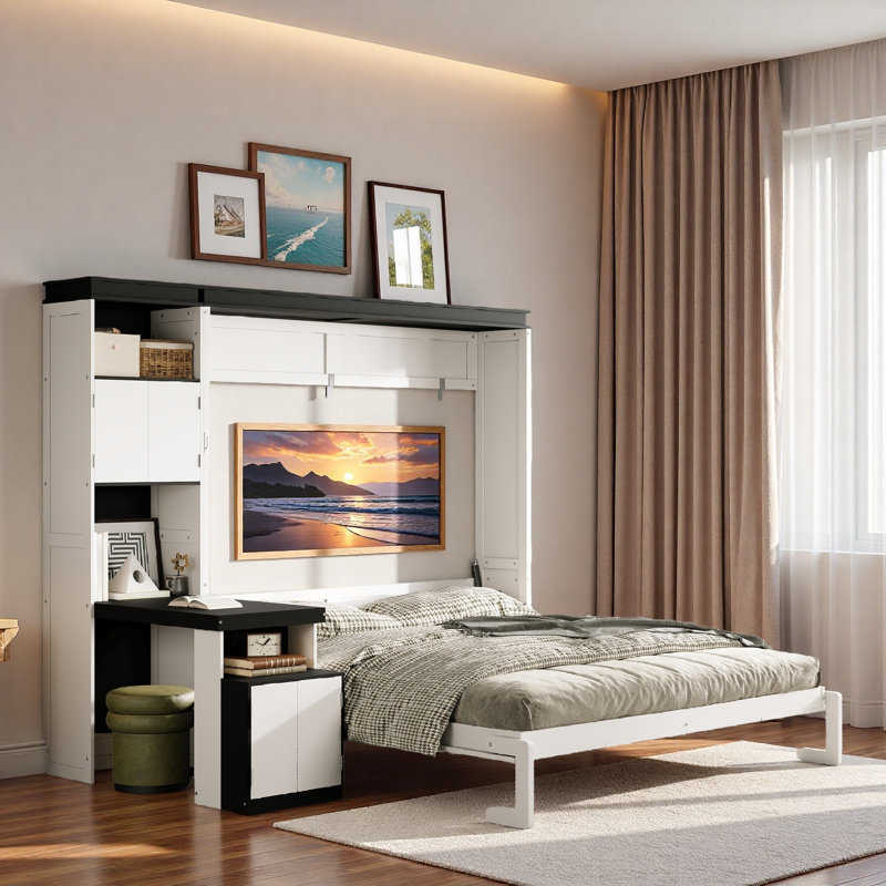 Lit escamotable avec bureau, tablettes de rangement ouvertes et armoires