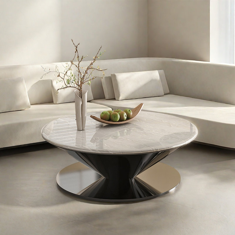 Table basse ronde en marbre avec soucoupe volante, H 15 po x L 31,5 po x l 31,5 po, Blanc