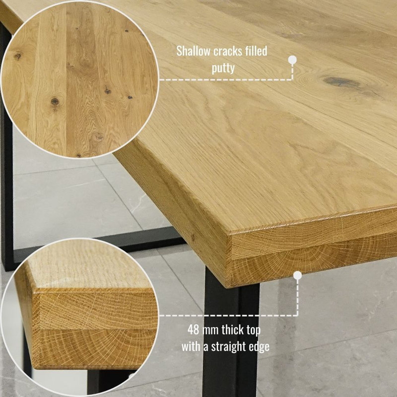 Anco Oak Solid Wood Top Metal Base Dining Table, 76H x 140L x 90W cm, Natural Oil