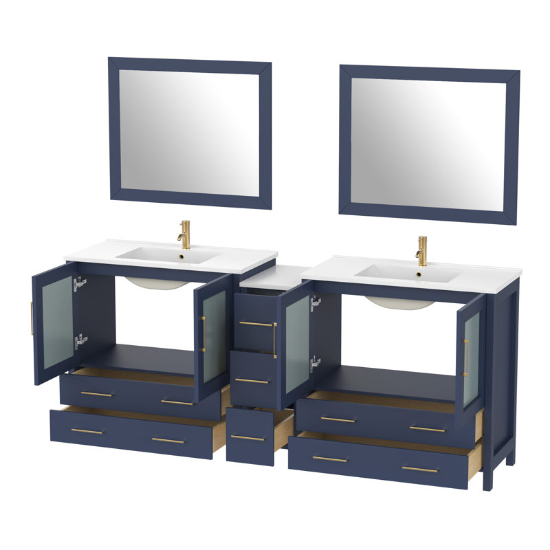 Brescia 84" Double Sink Freestanding Bathroom Vanity with Ceramic Top and Matching Mirrors, Blue