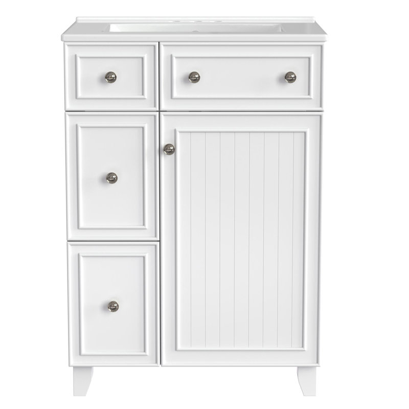 24"Freestanding Bathroom Vanity with Ceramic Sink, White/Silver
