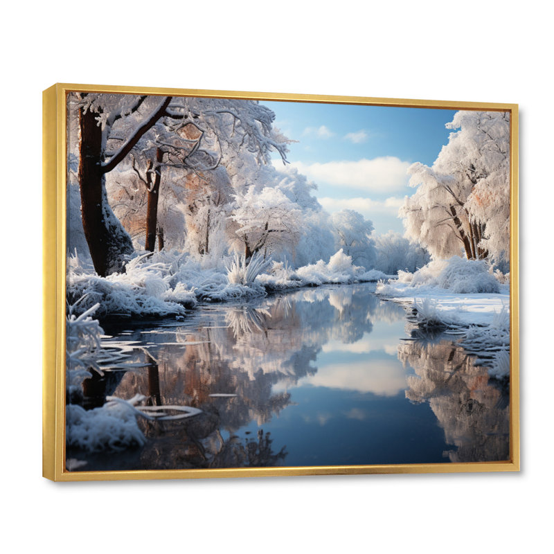 «Winter Landscape River Reflection II», reproduction sur toile, Cadre flottant doré, H 24 po x l 32 po x P 1 po