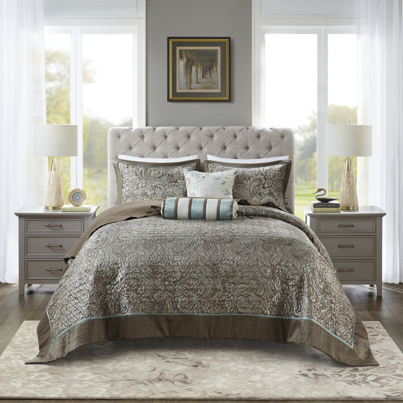 Aubrey Blue and Taupe Reversible Queen Bedspread Set