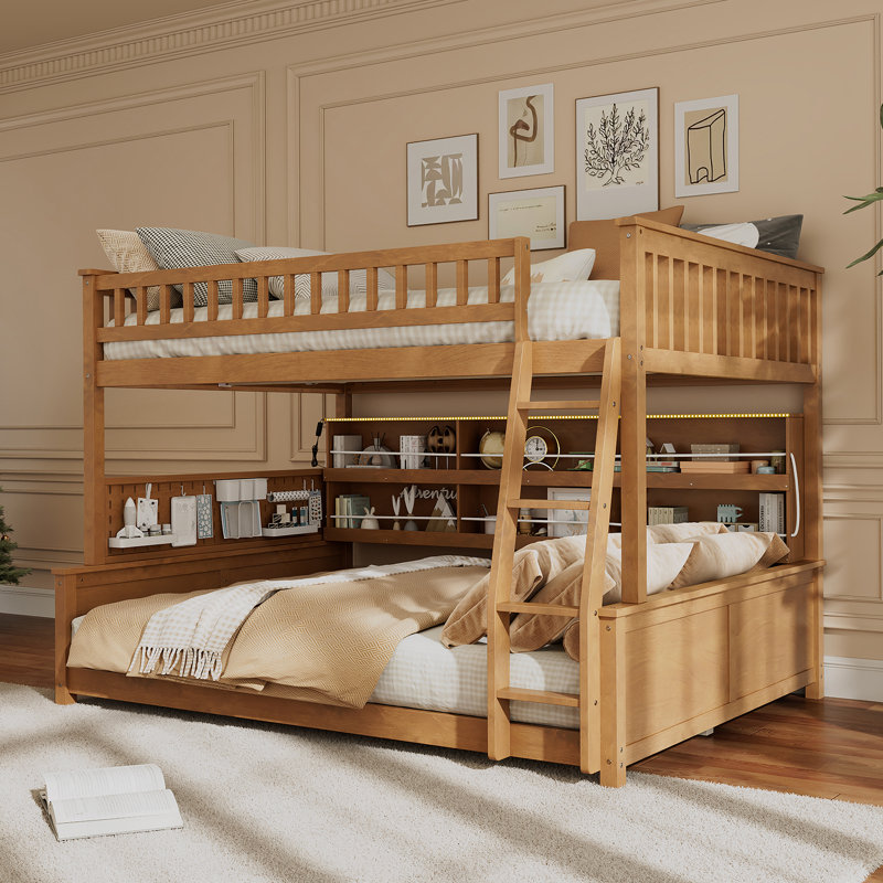 Lit superposé double au-dessus de grand lit double avec rangement intégré et éclairage personnalisable, Brown