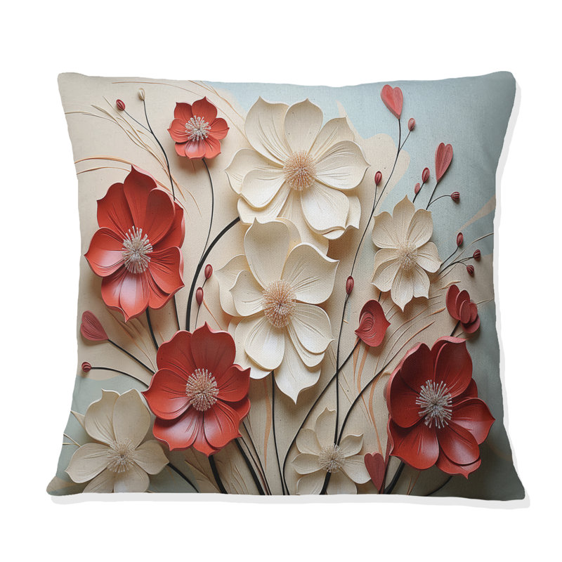 Coussin décoratif rouge et blanc «Crimson Flower S Embrace», 18" x 18"