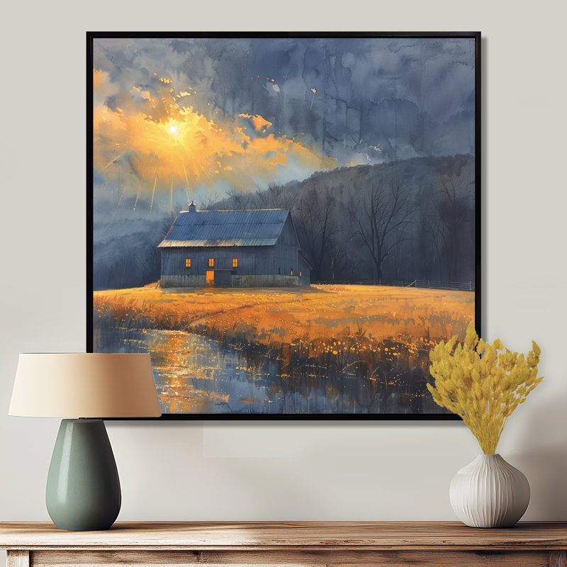 «Yellow Autumn Barn Golden Hour I» - décoration murale grange, Toile avec cadre flottant noir, H 36 po x l 36 po x P 1,5 po