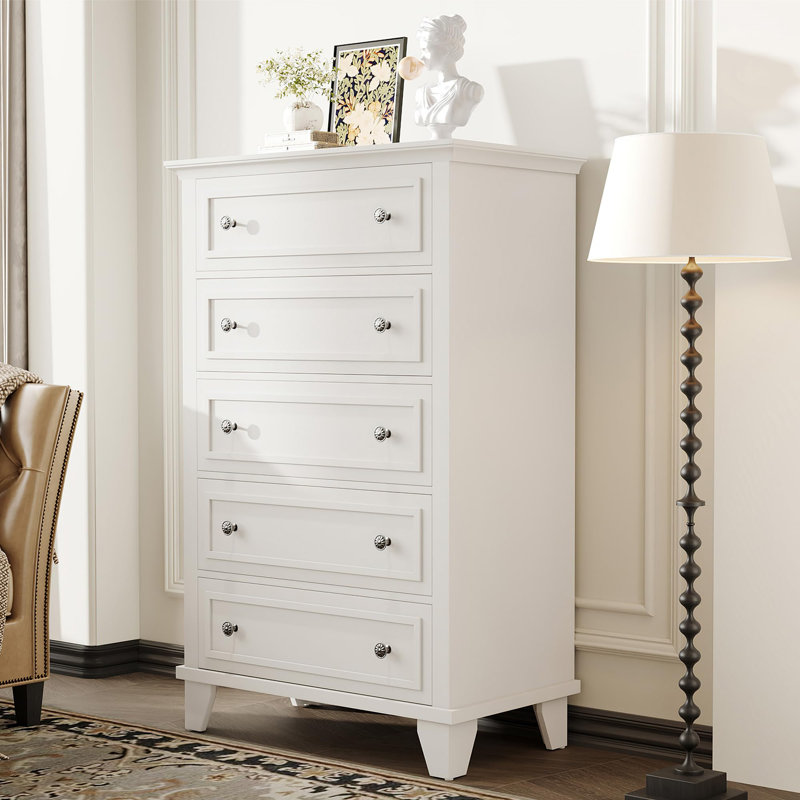 Commode 5 tiroirs pour chambre à coucher, commode en bois de 48 po de hauteur et commodes, Blanc
