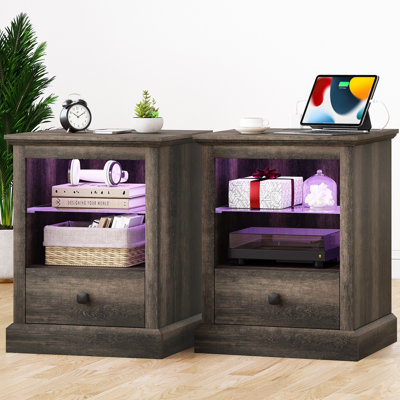 1 - Drawer LED Nightstand with Storage and Built-In Outlets