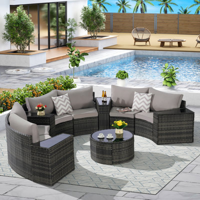 Outdoor Patio Furniture 11-Piece Half-Moon Sectional Round Patio Furniture Set Sofa With Tempered Glass Round Coffee Table