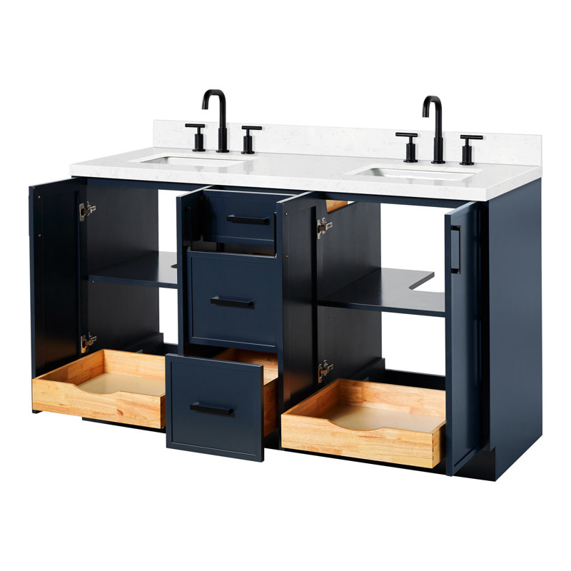 Meuble-lavabo double rectangulaire 60 po avec comptoir en quartz de Carrare Ariel Kelly, Bleu minuit