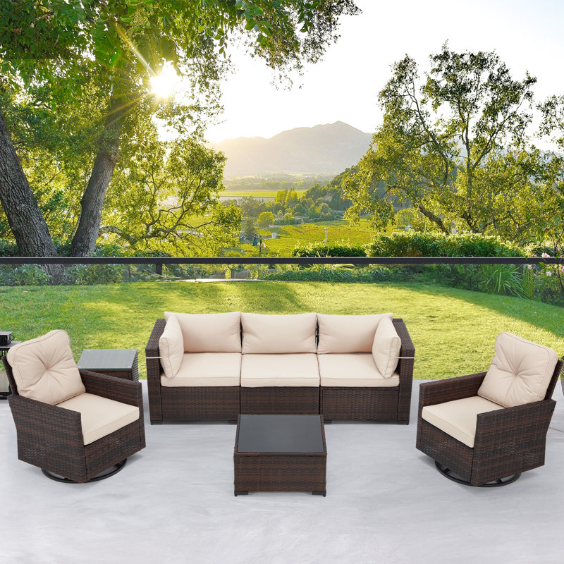 Ensemble de meubles de patio 7 pièces, canapé modulaire en osier avec chaises berçantes pivotantes, repose-pieds