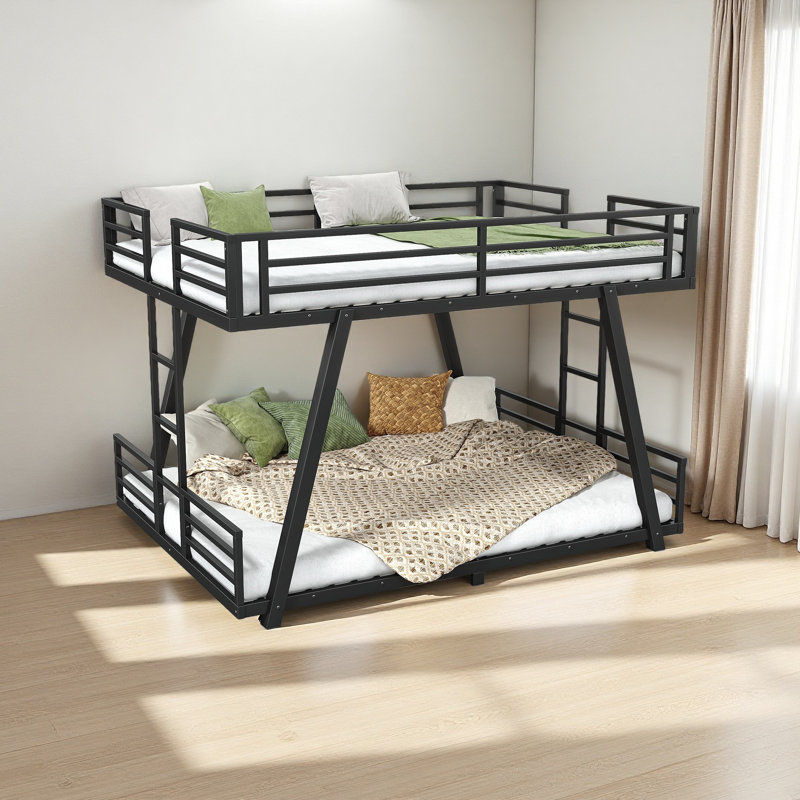 Metal Bunk Bed with Spdcial Support Leg Design, Low Profile Bunk Bed, Queen Over Queen