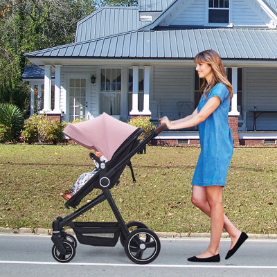 2-in-1 Reversible Baby Stroller and Bassinet – Lightweight collapsible Pushchair, One-Hand Fold, Reclining Seat, Large Storage Basket, Extra-Large Canopy, Shock Absorbing, Cup Holder, 5-Point Harness – Pink