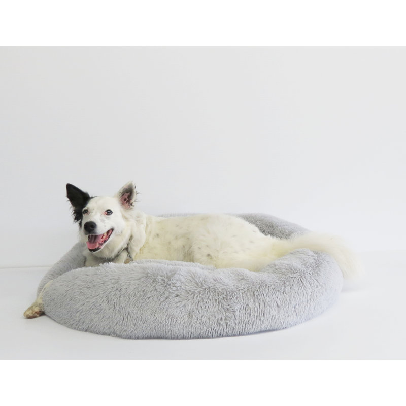 Large Gray Polyester Bolster Dog Bed with Faux Shag Fur