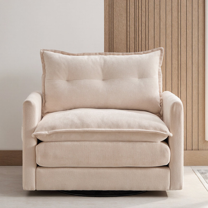 36.3" Chenille Rotatable Upholstered Sofa Chair With Side Pockets, Beige