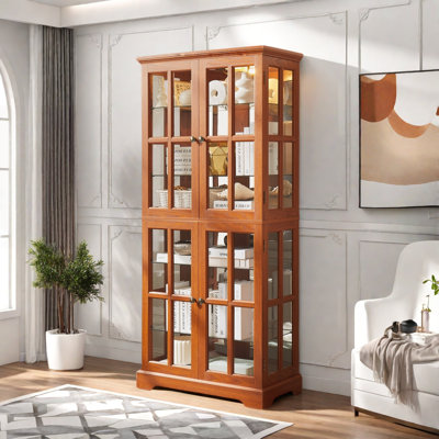 Antique Display Cabinet With 4 Glass Doors, Adjustable Shelves, Metal Embossed Handles And Integrated Lighting
