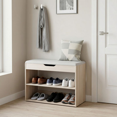Banc de rangement pour chaussures 22,6 "avec coussin et rangement rabattable, étagère à chaussures d'entrée avec 2 tablettes réglables