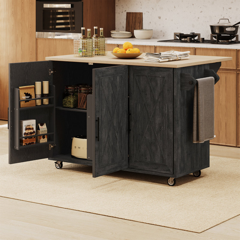Geometric Textured Kitchen Island With Drop Leaf, Farmhouse Kitchen Island On Wheels With Internal Storage Rack And Adjustable Shelves, Rolling Kitchen Cart With Towel Rack For Kitchen,