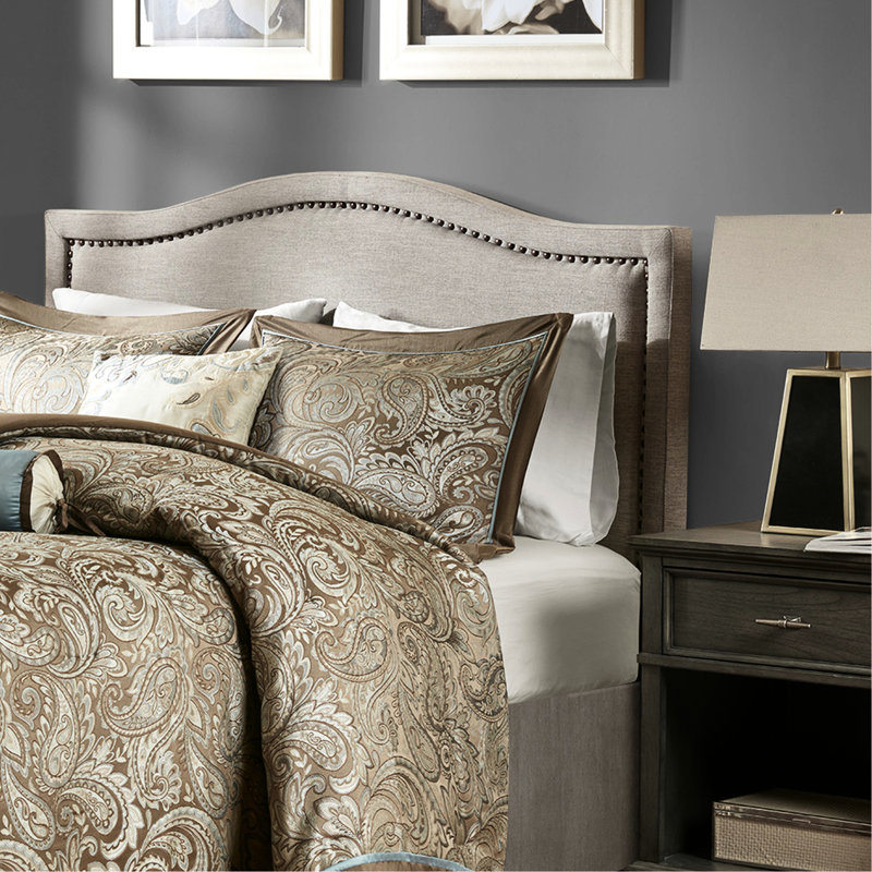Fashionable Upholstered Headboard - Queen, Copper Nailhead Ornament, Plywood Construction Queen Size Upholstery, Border, Stable Legs