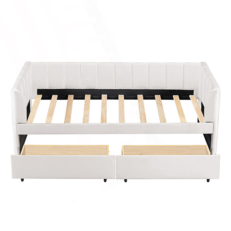 Modern Twin Size Upholstered Daybed With Ergonomic Design Backrest And 2 Drawers, Beige