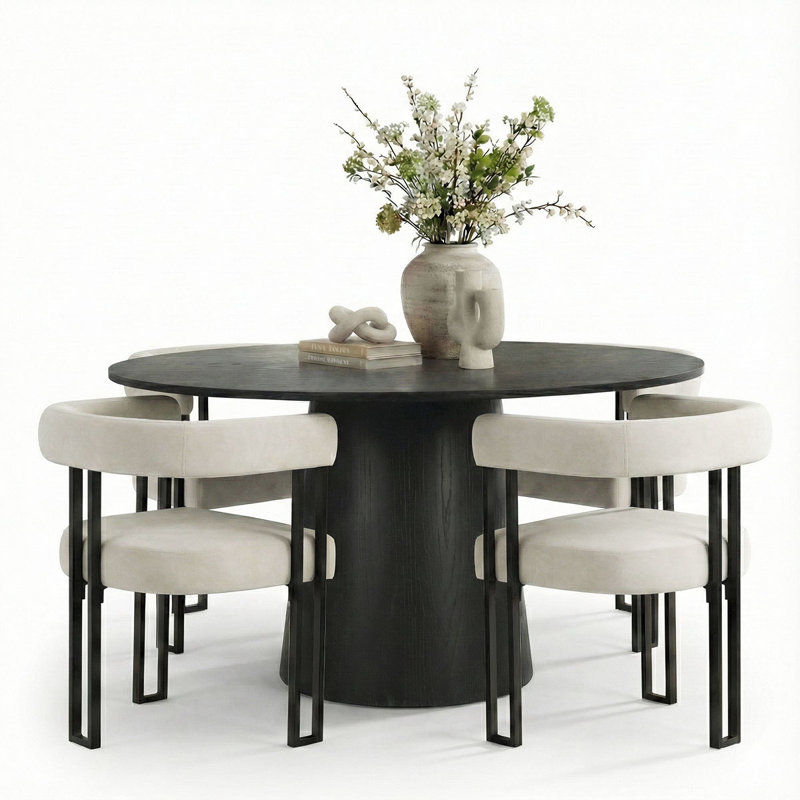 Carlen 4-Person Round Velvet Dining Set, Beige