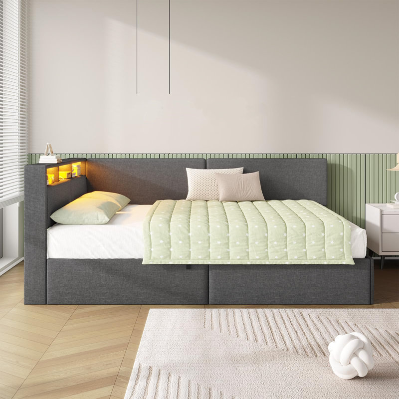 Daybed with Charging Station & Hydraulic Storage, Corner Bed with LED Headboard, Beige, Double (4'6)
