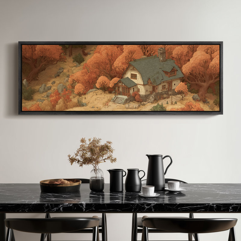 Impression d'automne, chalet avec feuillage chaleureux pour le salon ou l'entrée, H 20 po x l 60 po, Noir