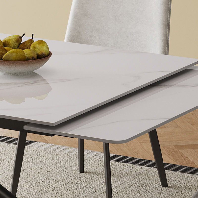 Table de salle à manger rétractable en pierre frittée, de conception rectangulaire moderne, avec des pieds en acier au carbone noir au bas, 83 pouces convenant à 6 à 8 sièges (blanc)
