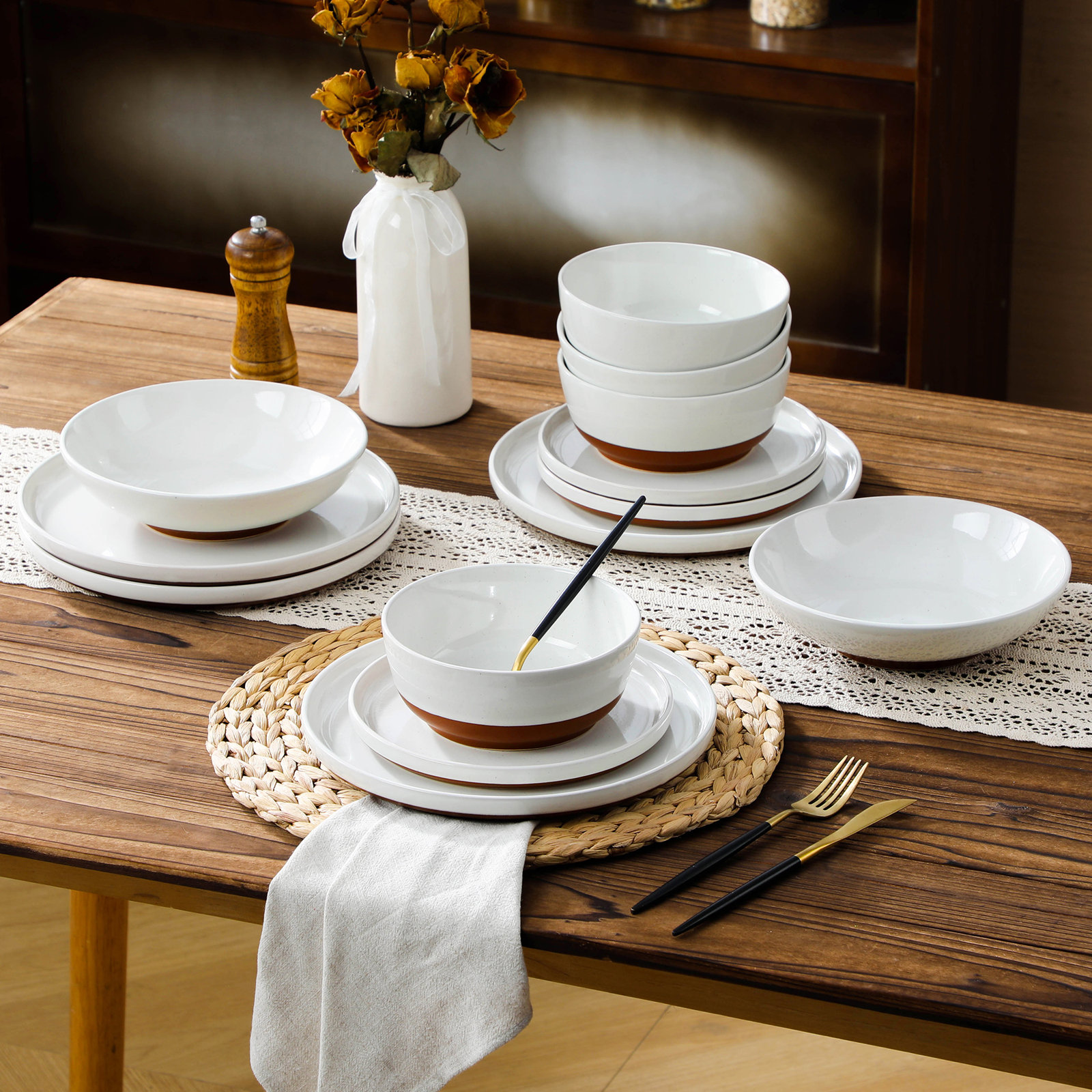 Organic Modern 16-Piece Dinnerware Set For 4, White Glaze With Exposed Khaki Clay Base, Earthy Two-Tone Tableware
