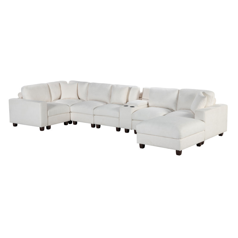 Norfleet 139" L-Shape Modular Chenille Sectional Sofa With Ottoman And Console, 36" H x 139" W x 101" D, White 