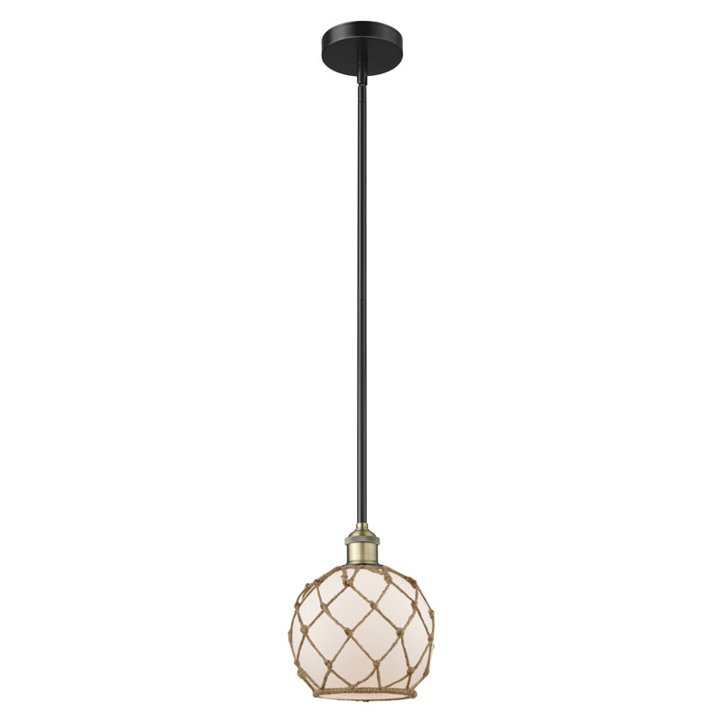 Edison - Ametra - Mini-luminaire suspendu à tige 1 lumière 8 po, Verre blanc avec corde brune, H 9,5 po x l 8 po x P 8 po