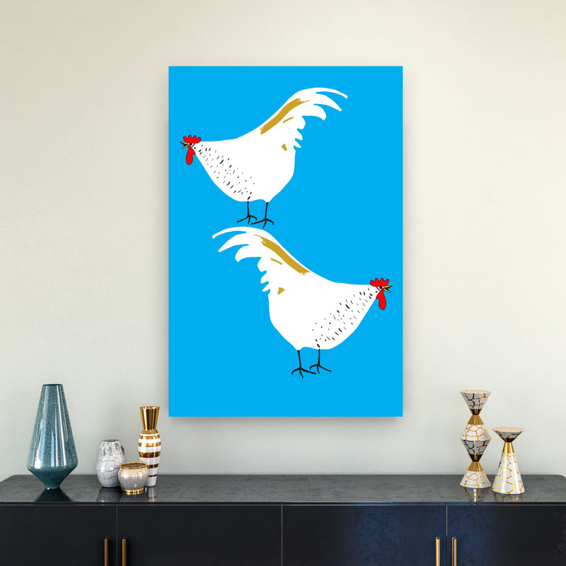 White Rooster Duo Minimalist Modern Vibrant Bird Animal Landscape Wall Art Print 1 Piece Wrapped Canvas Wall Art