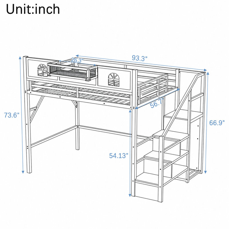 Structure de lit avec escalier de rangement réversible, garde-robe, lumière DEL et alimentation USB, double, noir, Lit double