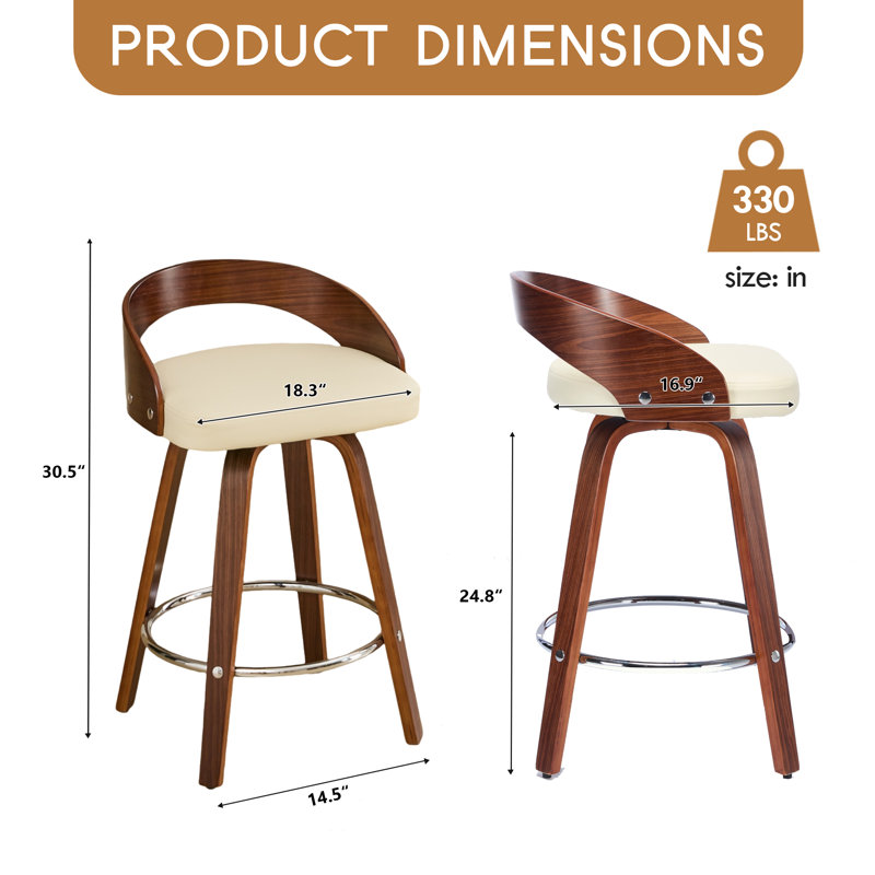 Ensemble de 2 tabourets de bar de style Mid-Century moderne - tabourets pivotants à hauteur réglable de 25 po avec structure en bois et revêtement en similicuir, dossier bas pour îlot de cuisine et pour la maison